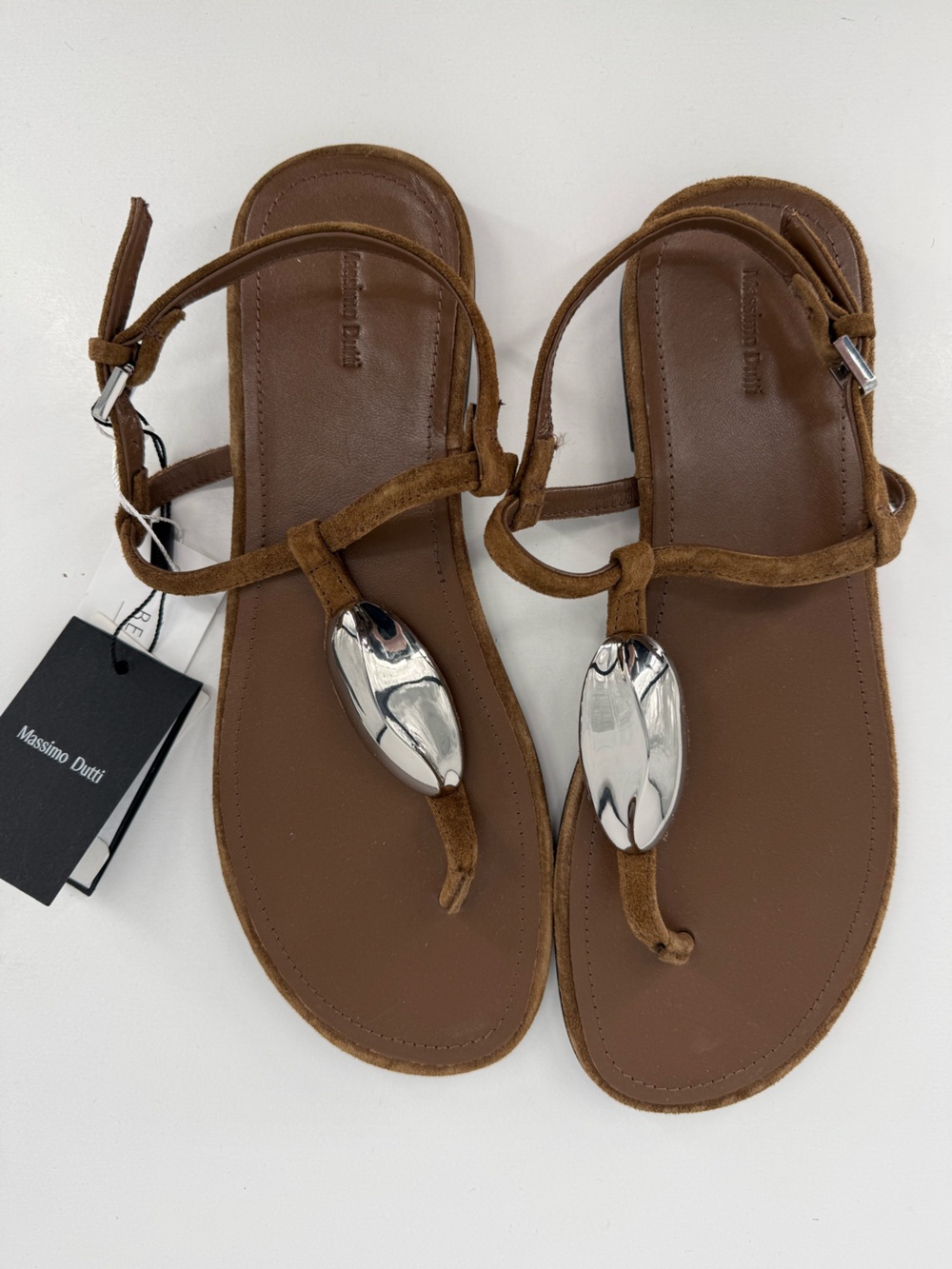 Massimo Dutti Brown Suede T-Strap Sandals with Silver Detail